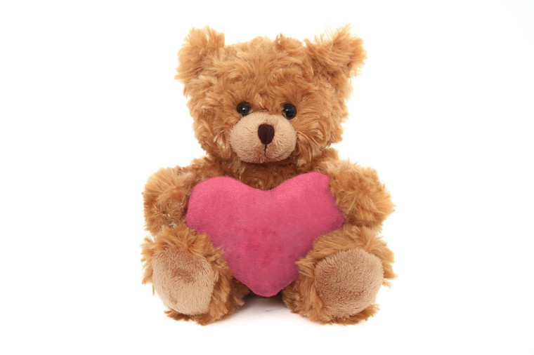 Plush Mocha teddy bear with assorted color heart, sitting, 6