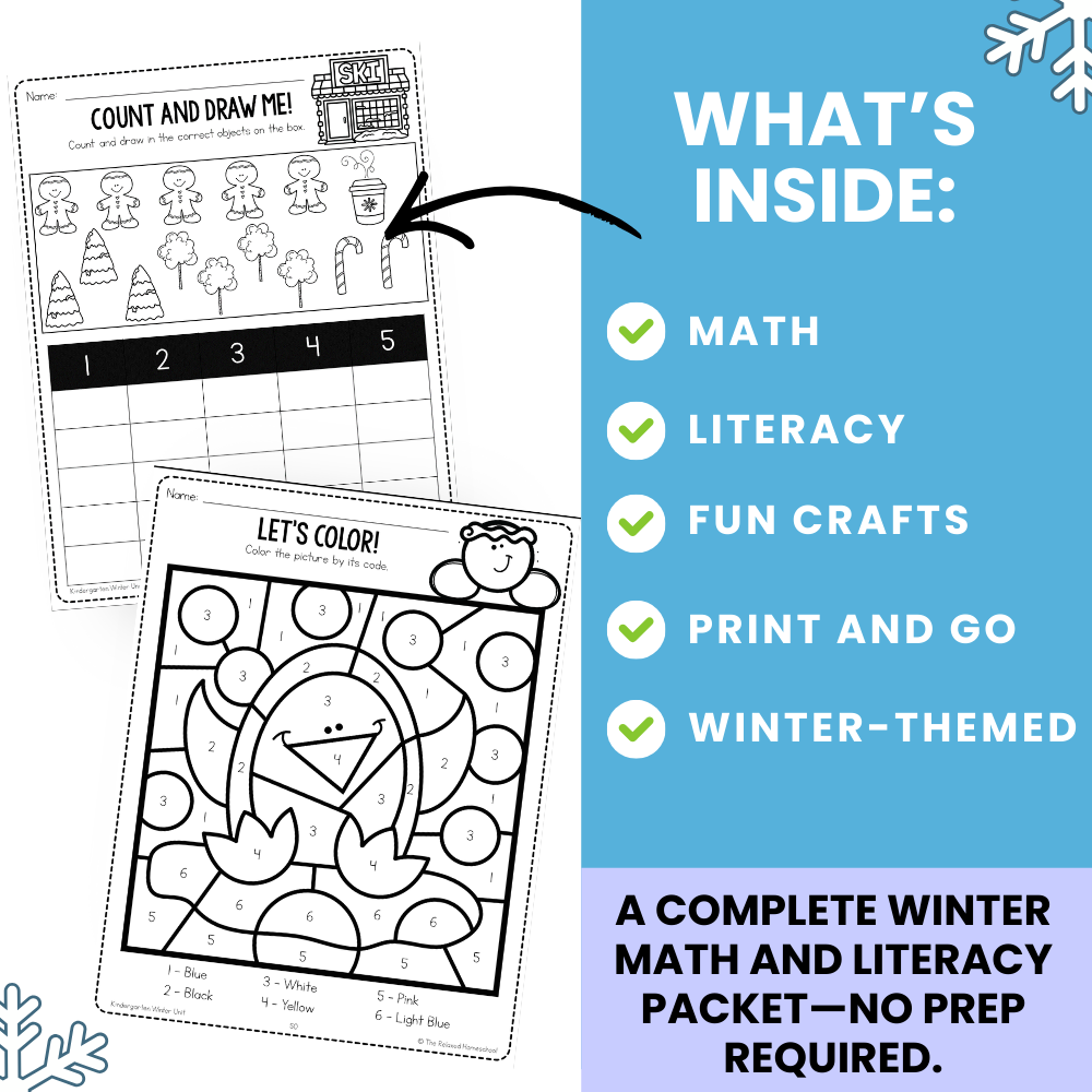 Kindergarten Winter Math and Literacy Workbook