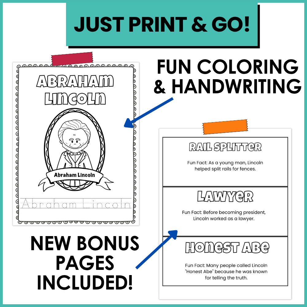 Abraham Lincoln Coloring Pages | Presidents Day Biography & Handwriting Workbook