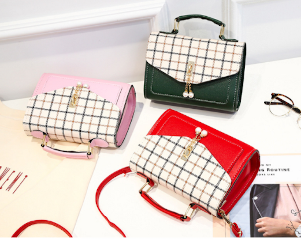 TWENTY FOUR White Checkered Handbags Leather Shoulder Bag and