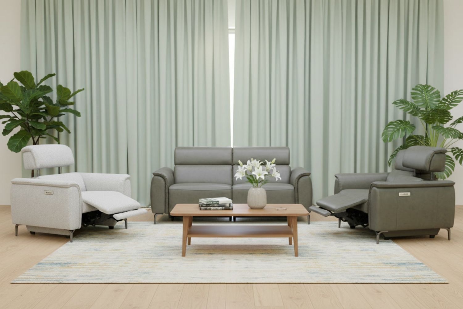 Davis power sofas in leather and a recliner in fabric