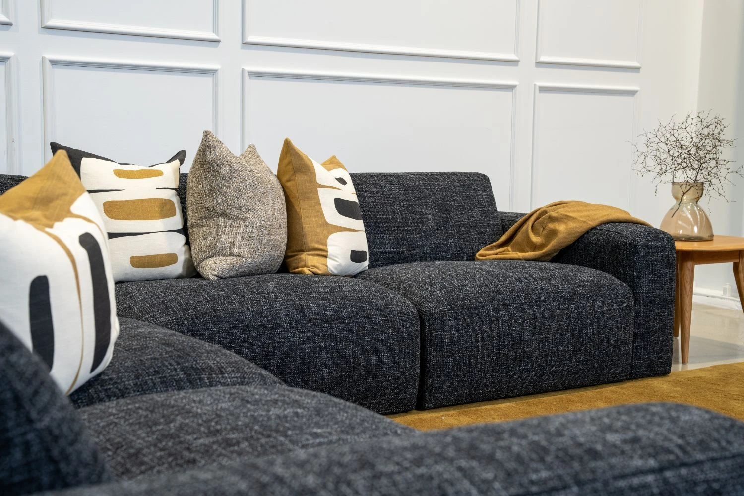 Malone Modular Corner Suite with cushions styled across each section