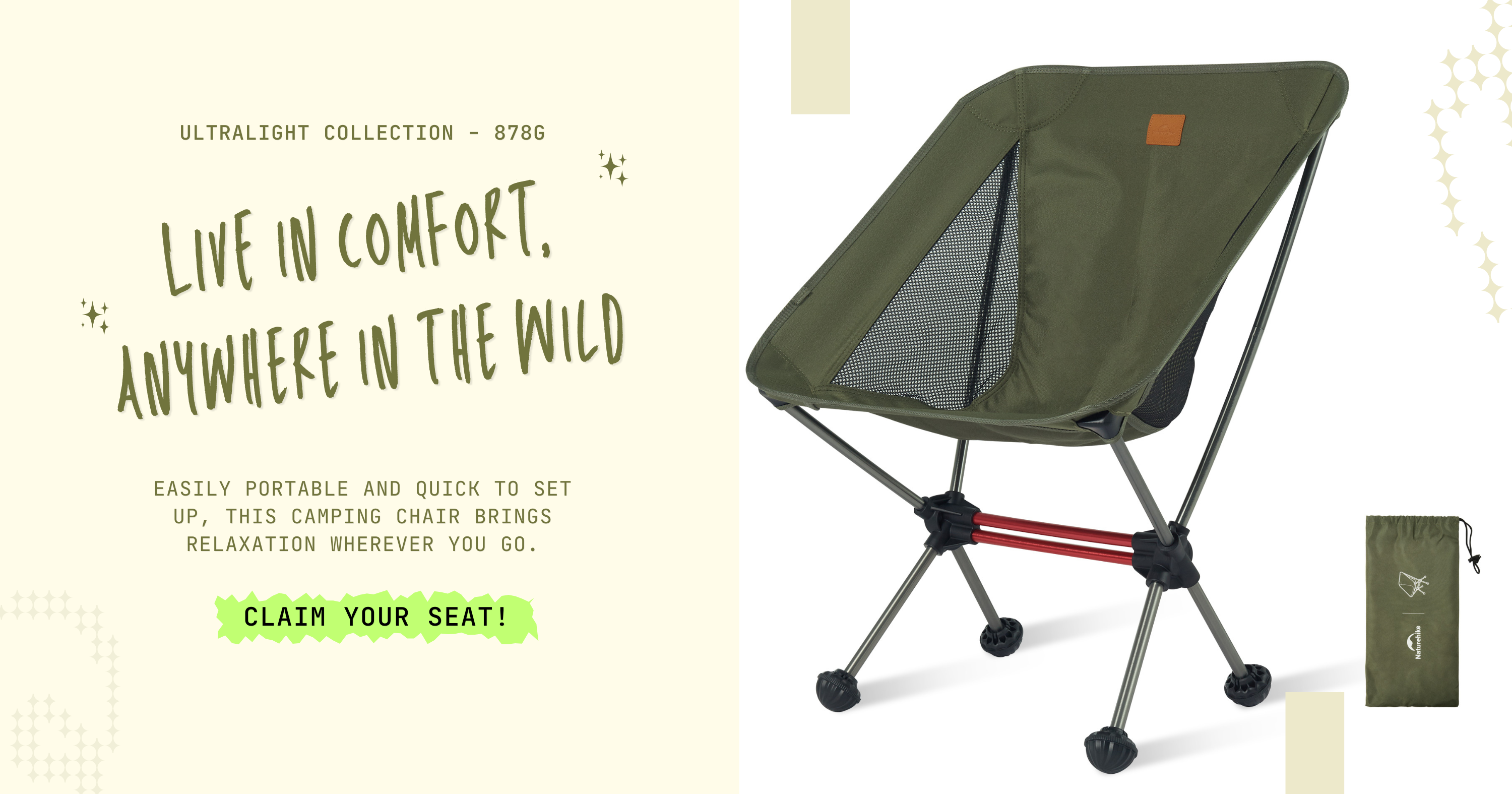 Naturehike ultralight backpacking chair for camping, trekking, hiking and outdoor adventures