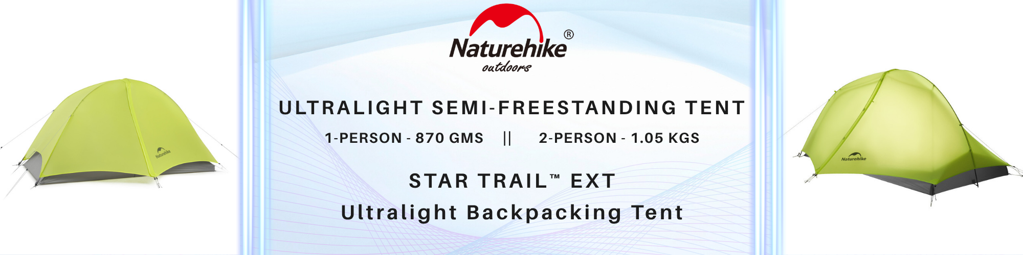 Star Trail Ext ultralight camping tarp extension pitched beside a tent in a mountain campsite