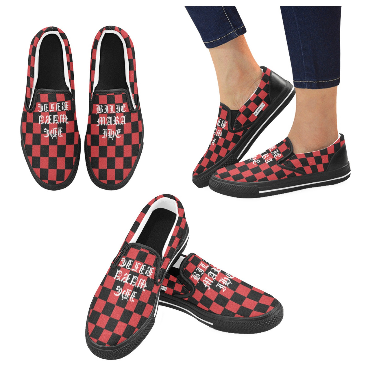 Red Chess Pattern - Men's Slip-on Canvas Shoes - Bilie Mara Ihe
