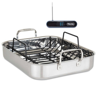 Viking 3-Ply Stainless Steel Roasting Pan w Rack  Thermostat Set