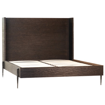 Meryl Antique Black Oak and Forged Iron Modern Wingback Panel Bed