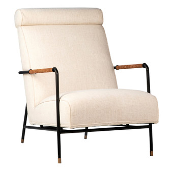 Myla Cotton Upholstered Tall Back Occasional Chair with Black Steel Frame with Brown Suede Wrapped Arm Rests