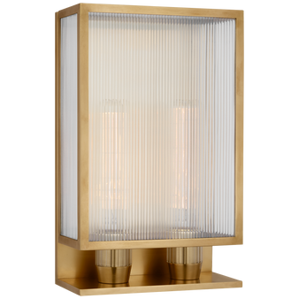 York 16" Double Box Outdoor Sconce in Soft Brass with Clear Ribbed Glass