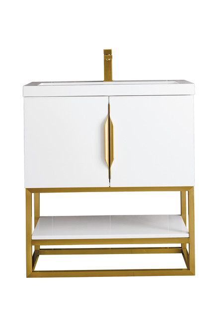 Columbia 31.5" Single Vanity, Glossy White, Radiant Gold w/ White Glossy Composite Countertop