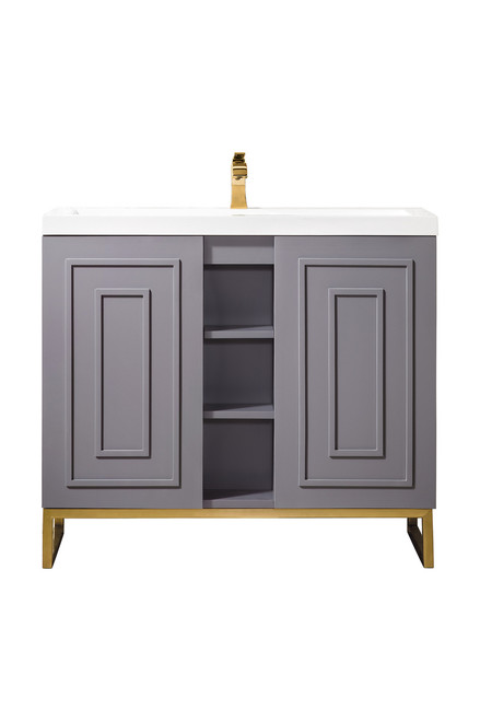 Alicante' 39.5" Single Vanity Cabinet, Grey Smoke, Radiant Gold w/White Glossy Composite Countertop