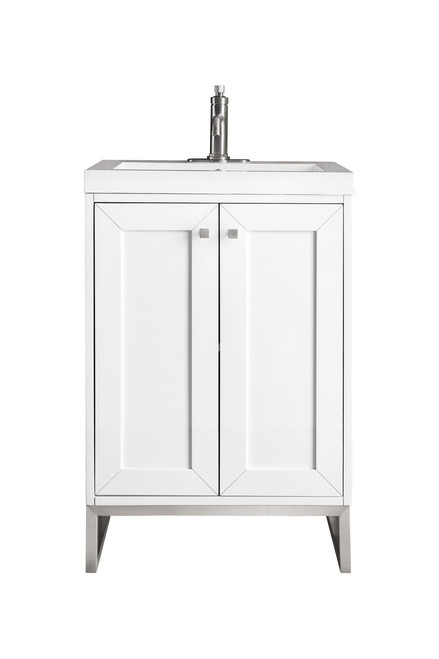 Chianti 24" Single Vanity Cabinet, Glossy White, Brushed Nickel w/ White Glossy Composite Countertop