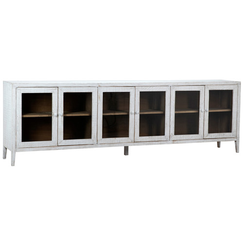 Cape Cod 109" Reclaimed Pine Whitewash Sideboard with Glass Front Doors