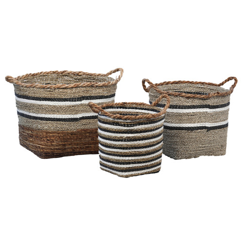 Dantes Natural Hand Woven Banana Stalk and Sea Grass Tri-Tone Baskets, Set of 3