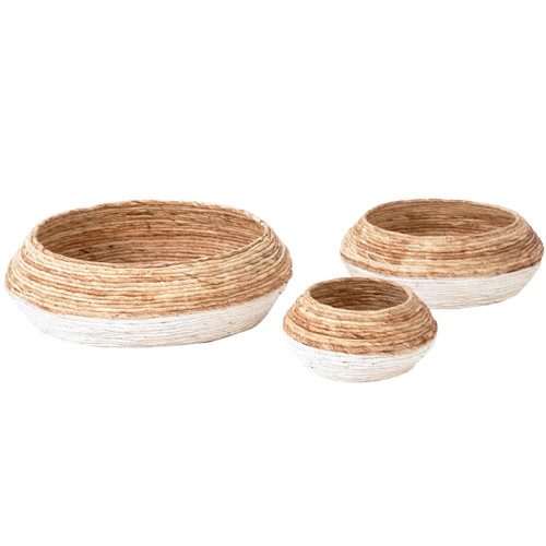 Eviti Natural Woven Round Abaca Nesting Low-Profile Two-Toned Baskets in Natural and White, Set of 3