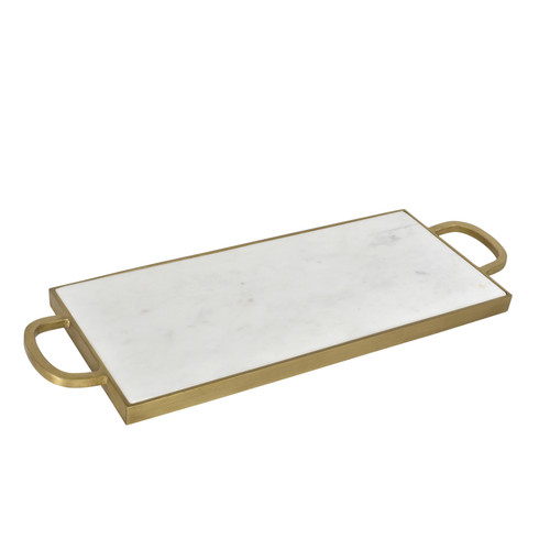 Fendre White Banswara Marble and Brass Finished Iron Handled Tray