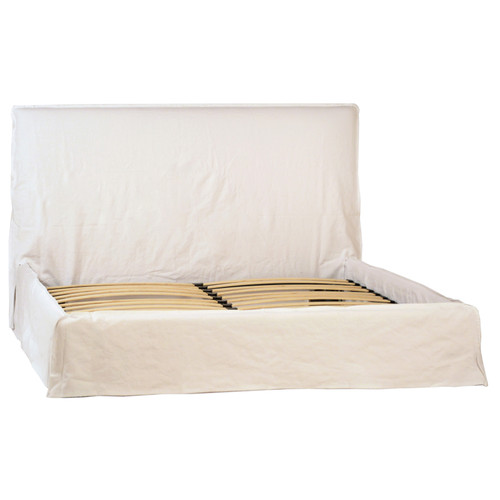 Jayla Ivory Linen Upholstered Slipcover Style Platform Panel Bed in Queen