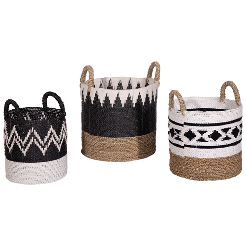 Manilo Hand Woven Tri-Colored Seagrass and Cotton Patterened Nesting Storage Baskets, Set of 3