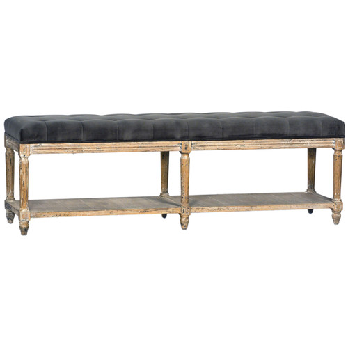 Mariel Oak and Grey Velvet Hand Carved Upholstered Bench with Tufting and Shelf