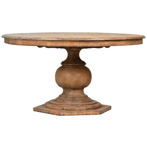 Nico 59" Round Reclaimed Pine Antique Natural Carved Pedestal Dining Table