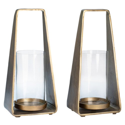 Pyra Antique Brass Finished Cast Aluminum and Glass Modern Lanterns, Set of 2