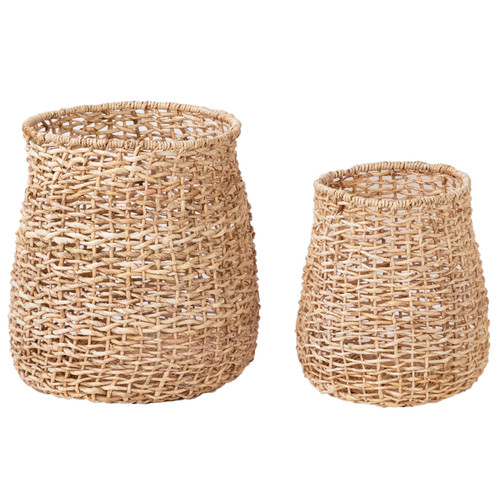 Tuzi Natural Woven Round Abaca Nesting Tall High Waisted Baskets in Natural, Set of 2
