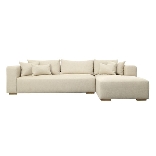 Rhone Linen Sofa Chaise with Natural Wood Block Legs and 4 Throw Pillows, RAF