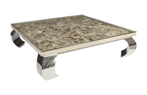 Shell Coffee Table, Glass Top, Ming Stainless Steel Legs, Large
