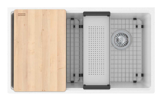 Franke 33-Inch Maris Workcenter Kitchen Sink in Polar White Granite