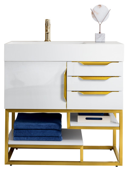 Columbia 36" Single Vanity, Glossy White, Radiant Gold w/ Glossy White Composite Top