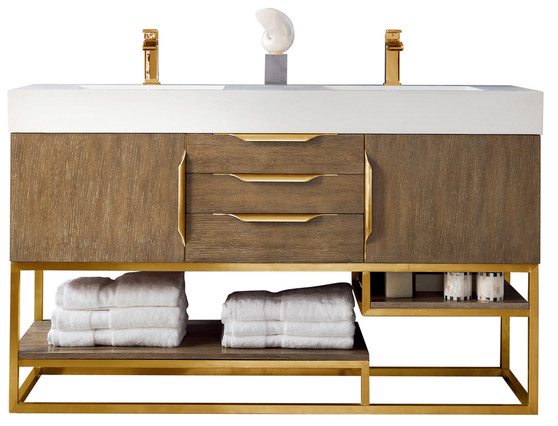 Columbia 59" Double Vanity, Latte Oak, Radiant Gold w/ Glossy White Composite Top