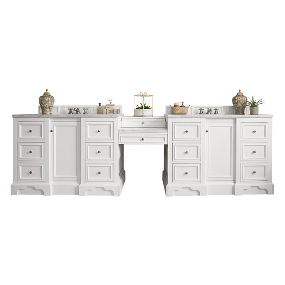 De Soto 118" Double Vanity Set, Bright White w/ Makeup Table