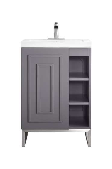 Alicante' 24" Single Vanity Cabinet, Grey Smoke, Brushed Nickel w/White Glossy Composite Countertop