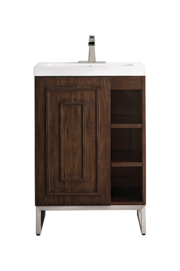 Alicante' 24" Single Vanity Cabinet, Mid-Century Acacia, Brushed Nickel w/White Glossy Composite Countertop