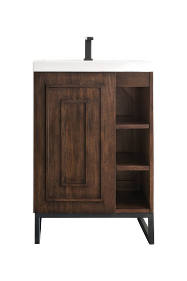 Alicante' 24" Single Vanity Cabinet, Mid-Century Acacia, Matte Black w/White Glossy Composite Countertop