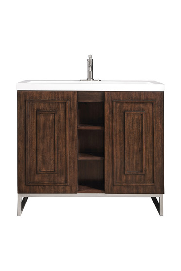 Alicante' 39.5" Single Vanity Cabinet, Mid-Century Acacia, Brushed Nickel w/White Glossy Composite Countertop