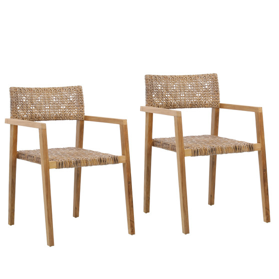 Chloe Indoor-Outdoor Natural Finish Teak and Synthetic Rattan Arm Chair, Set of 2
