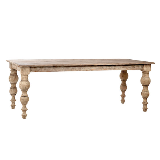 Maeve 84" Rectangular Reclaimed Pine Dining Table with Carved Four Poster Legs Finished in an Antique Seal