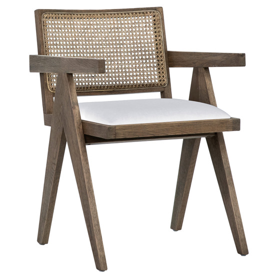 Malachi Grey Wash Oak and Natural Rattan Dining Arm Chair with White Linen Upholstered Seat