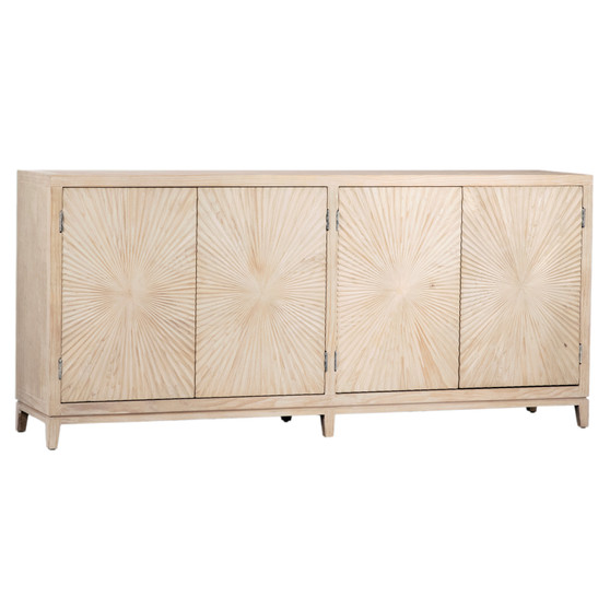 Isabelle 79" Pine Light Wash 4-Door Sideboard with Hand Carved Burst Pattern Door Fronts