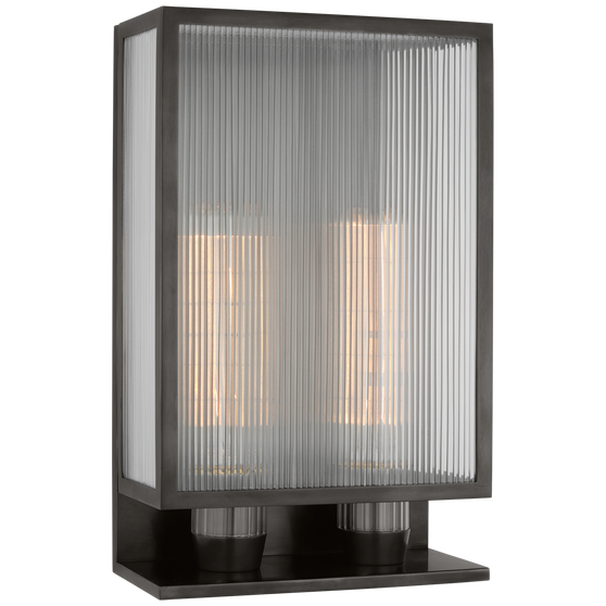 York 16" Double Box Outdoor Sconce in Bronze with Clear Ribbed Glass