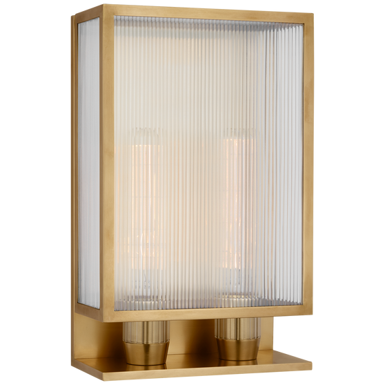 York 16" Double Box Outdoor Sconce in Soft Brass with Clear Ribbed Glass