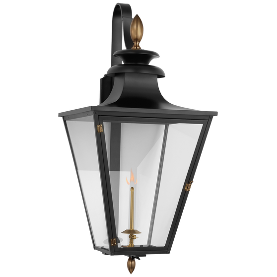Albermarle Large Bracketed Gas Wall Lantern in Matte Black and Brass with Clear Glass