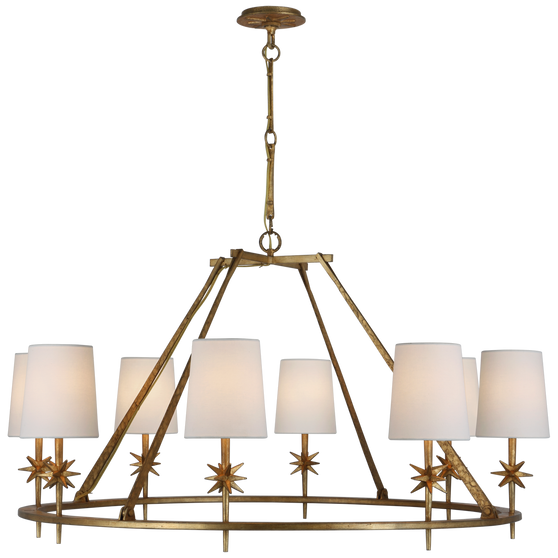 Etoile Large Chandelier in Gilded Iron with Linen Shades