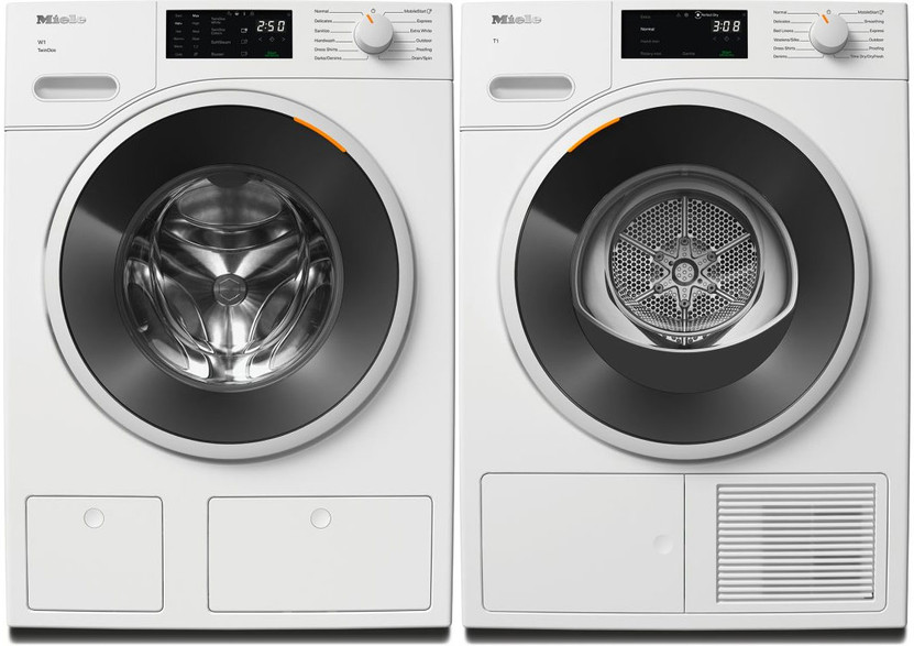 Miele White Front Load TwinDos Washer  Electric Heat Pump Dryer Package (1)