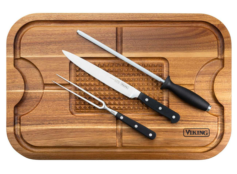 Viking Acacia Carving Board With 3-Piece Carving Set
