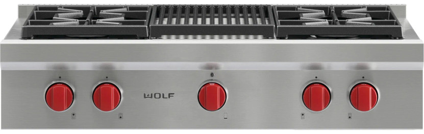 Wolf 36 Stainless Steel Liquid Propane Gas Rangetop With 4 Burners And Charbroiler