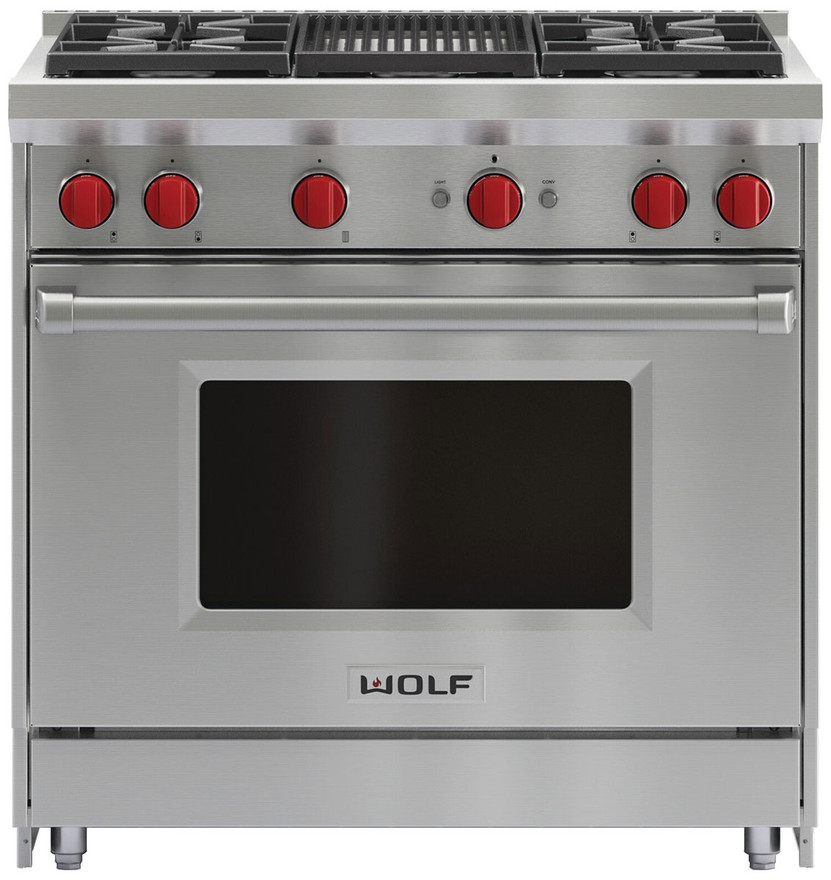 Wolf 36 In. Stainless Steel Liquid Propane Gas Range With 4 Burners And Infrared Charbroiler
