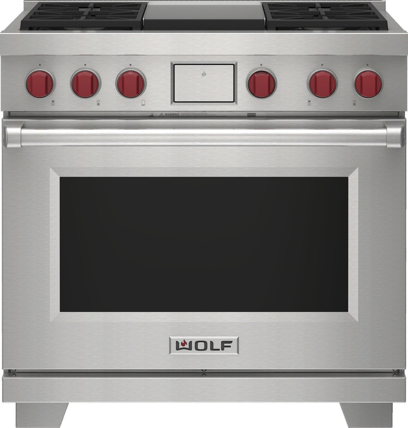 Wolf 36 In. Stainless Steel Dual Fuel Liquid Propane Range With 4 Burners And Infrared Griddle