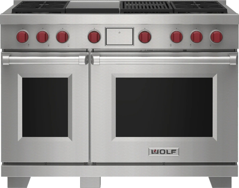 Wolf 48 In. Stainless Steel Dual Fuel Liquid Propane Range With 4 Burners, Infrared Charbroiler And Infrared Griddle